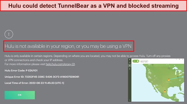 Screenshot of Hulu's VPN error message while TunnelBear is connected to a US server.