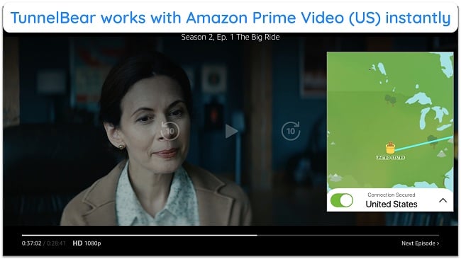 Alt text: Screenshot showing TunnelBear VPN streaming Amazon Prime Video