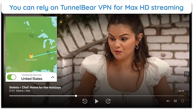 Screenshot showing TunnelBear VPN streaming Max