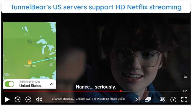 Alt text: Screenshot showing TunnelBear VPN streaming Netflix