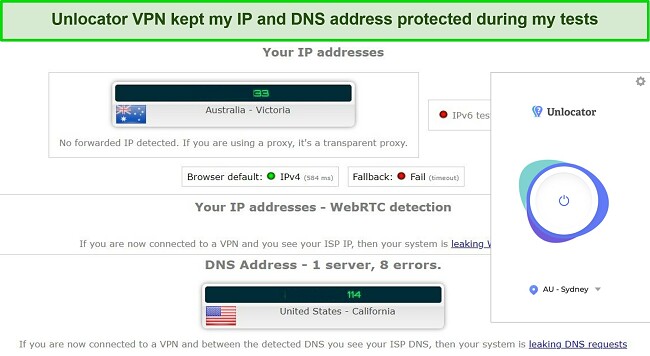 Screenshot of leak test results while using Unlocator VPN
