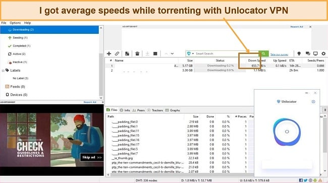 A screenshot showing Unlocator VPN produced decent speeds while torrenting