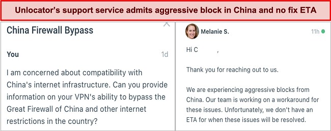 Screenshot of my email conversation with Unlocator VPN support representative