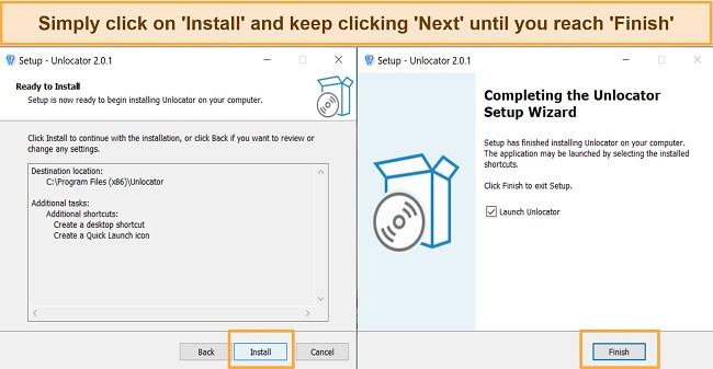 Screenshot showing Unlocater VPN installation process