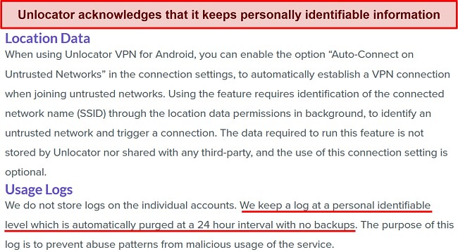 Screenshot of Unlocator VPN privacy policy, showing that it temporarily logs data such as your real IP address