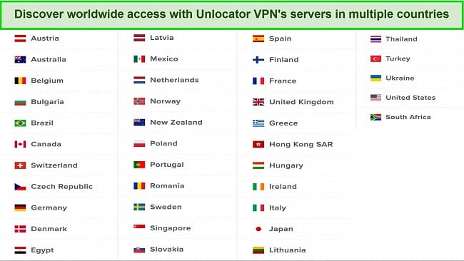 Screenshot of server locations available on Unlocator VPN
