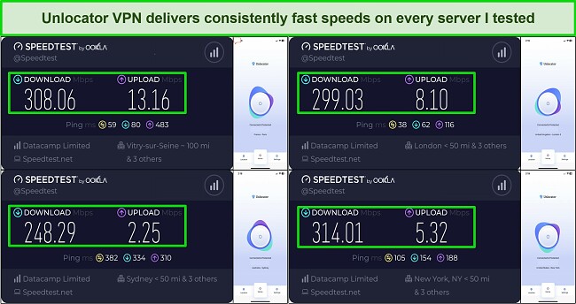 Screenshot of Unlocator VPN speed test results in the US, UK, France, and Australia