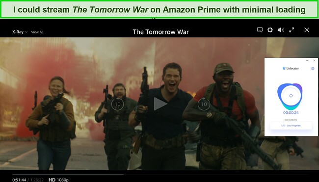 Screenshot of The Tomorrow War playing on Amazon Prime Video while Unlocator VPN is connected to a server in the US