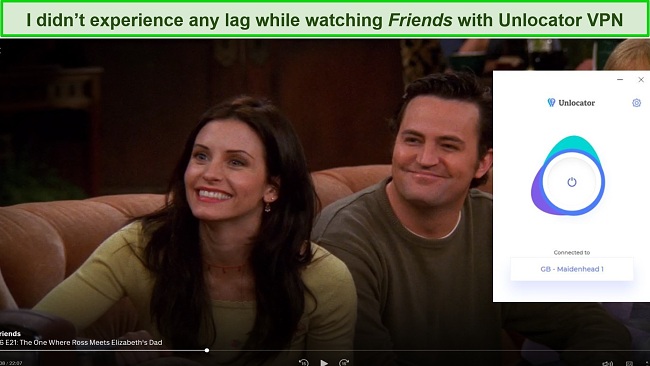 Screenshot of Friends playing on HBO Max while Unlocator VPN is connected to a server in the US