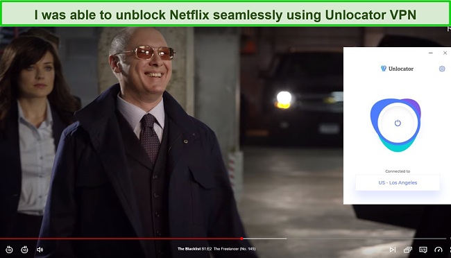 Screenshot of Blacklist playing on Netflix while Unlocator VPN is connected to a server in the US