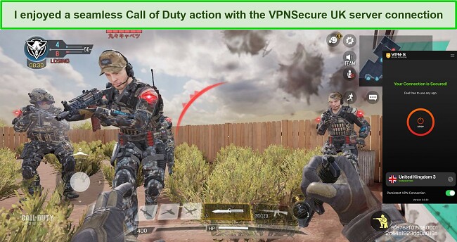 Screenshot showing my gaming action with VPNSecure
