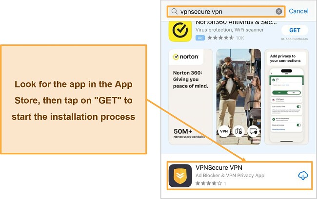 Screenshot showing VPNSecure's iOS download page