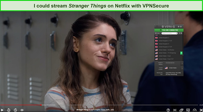 A screenshot of VPNSecure unblocking Stranger Things on Netflix