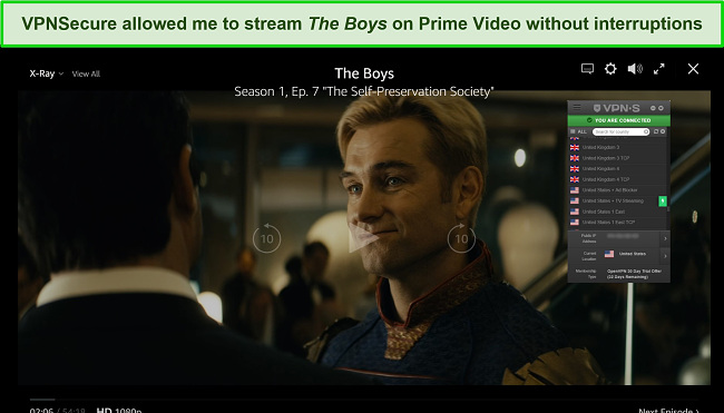 A screenshot of VPNSecure unblocking The Boys on Prime Video