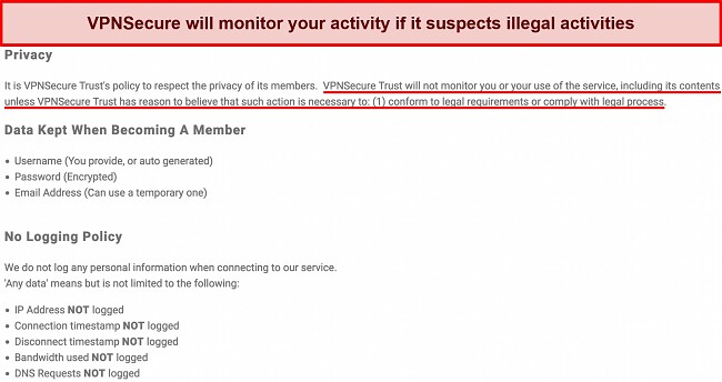 A screenshot of VPNSecure's privacy policy
