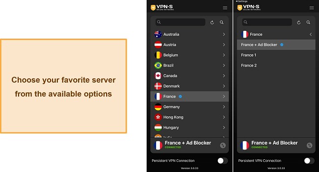 Screenshot showing VPNSecure's server interface