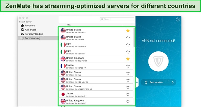 Screenshot of ZenMate's streaming-optimized servers on the Mac app