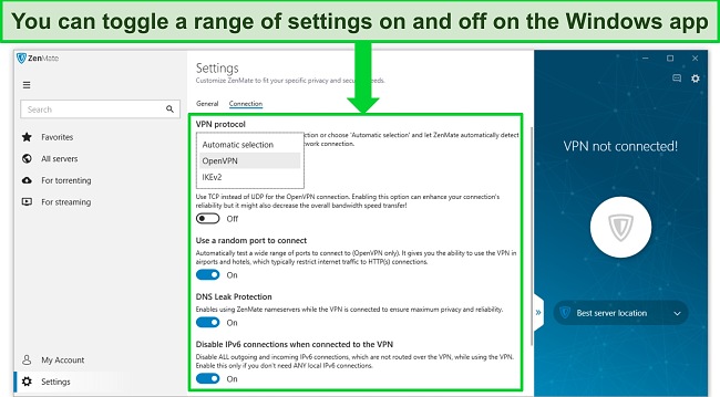 Screenshot of the ZenMate Windows app and the settings