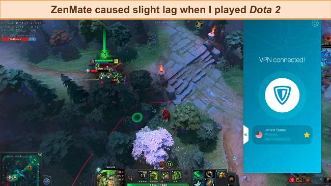 Screenshot of a game of Dota 2 while ZenMate is connected to a server in the US
