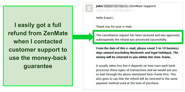 Screenshot of an email conversation with ZenMate's customer support team who approved a refund with the money-back guarantee