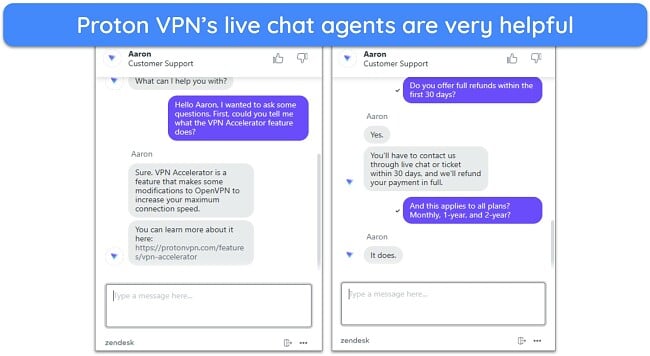 Screenshot of a conversation with Proton VPN's live chat support
