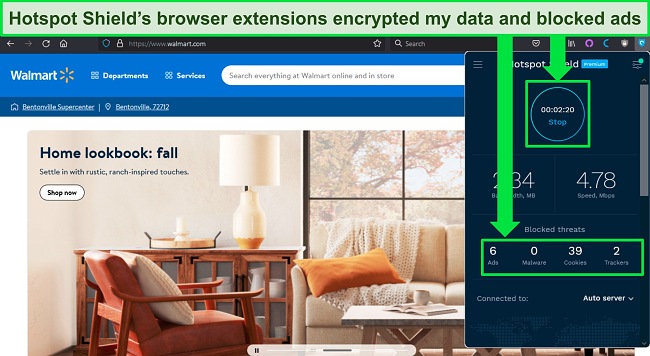 Screenshot of Hotspot Shield's Firefox extension encrypting the connection and blocking ads