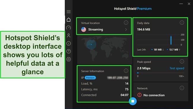 Screenshot of Hotspot Shield's Windows interface after connecting to the streaming server in the US