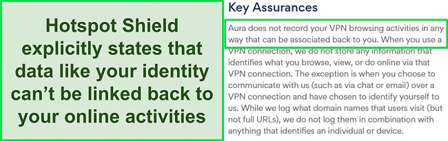 Screenshot of the Key Assurances section of Hotspot Shield's privacy policy