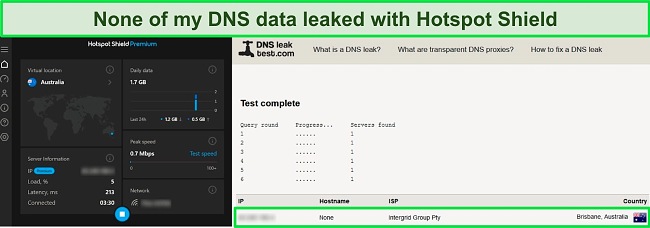 Screenshot of a DNS leak test showing DNS data hidden while Hotspot Shield is connected to a server in Australia