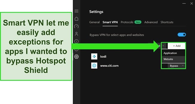 Screenshot of the Smart VPN whitelist in Hotspot Shield's settings menu
