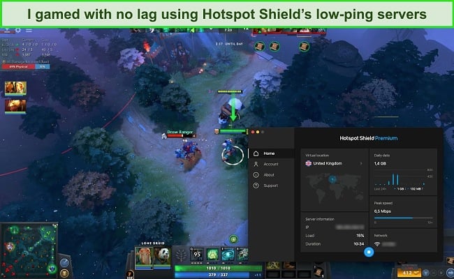 Screenshot of a game of Dota 2 while Hotspot Shield is connected to a server in the UK
