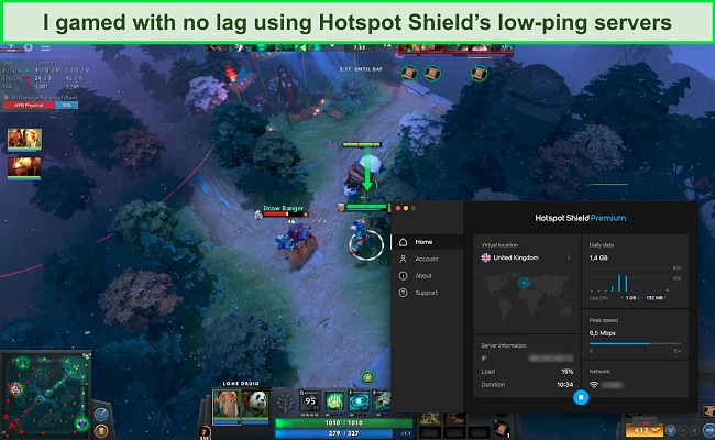 ภาพหน้าจอของเกม Dota 2 ในขณะที่ Hotspot Shield เชื่อมต่อกับเซิร์ฟเวอร์ในสหราชอาณาจักร