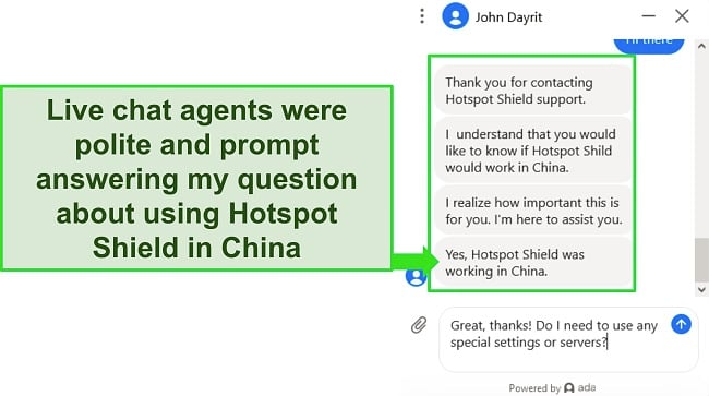 Screenshot of a chat with Hotspot Shield's 24/7 support agents