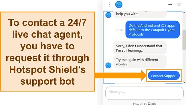 creenshot of a chat with Hotspot Shield's support bot with a button to contact a live agent