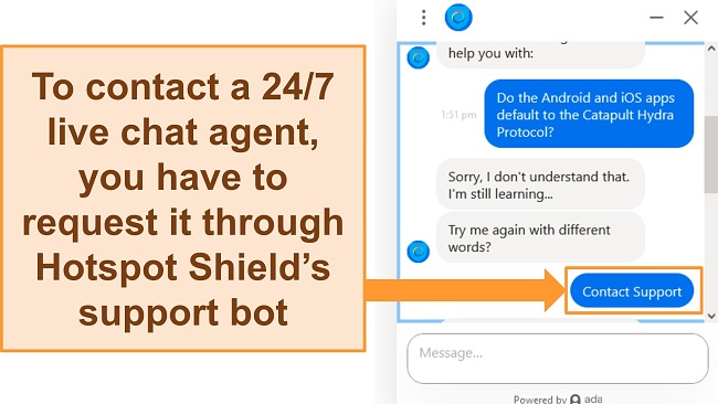 creenshot of a chat with Hotspot Shield's support bot with a button to contact a live agent