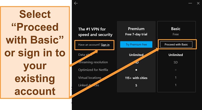 Screenshot of plan selection options on Hotspot Shield's installation dashboard