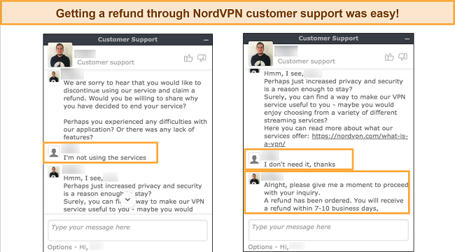 Screenshot of requesting a refund from NordVPN via live chat.