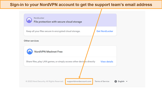 Screenshot of support email address on NordVPN's account.