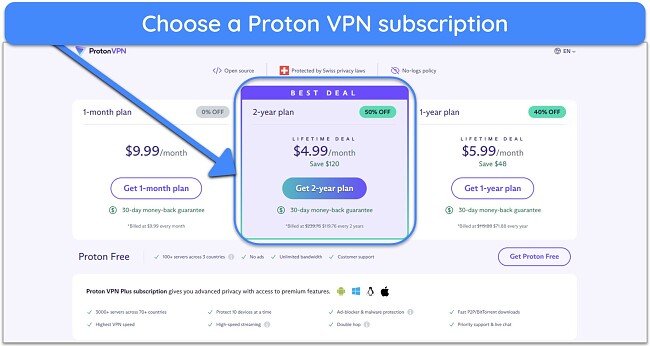 Screenshot showing how to choose a Proton VPN plan