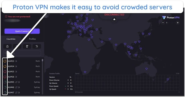 Screenshot of Proton VPN showing how crowded each of its servers is