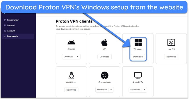 Screenshot showing how to Download Proton VPN's Windows app