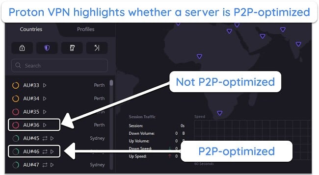 Screenshot showing how Proton VPN highlights which servers are P2P-optimized