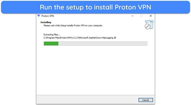 Screenshot showing Proton VPN's installation in progress