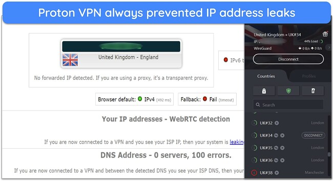 Screenshot of Proton VPN preventing IP address leaks