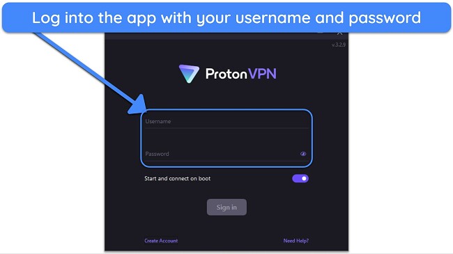 Screenshot showing how to log into the Proton VPN app