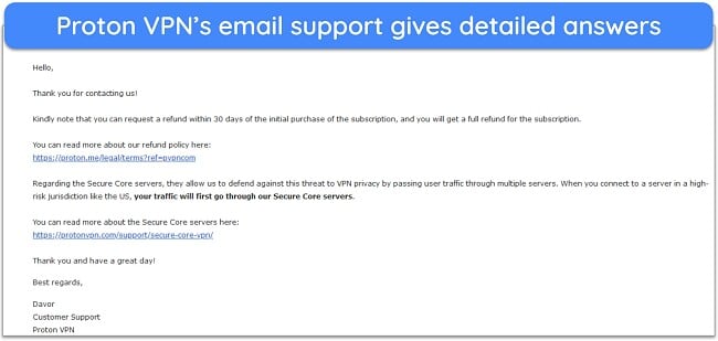 Screenshot of a response from Proton VPN's email support