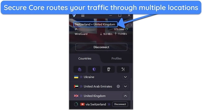 Screenshot of Secure Core routing traffic through multiple locations