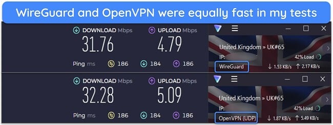 Screenshot showing a speed test comparison between the WireGuard and OpenVPN protocols