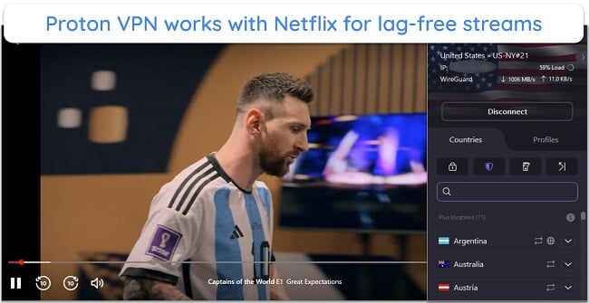 Screenshot showing Netflix streaming with Proton VPN connected to a USA server