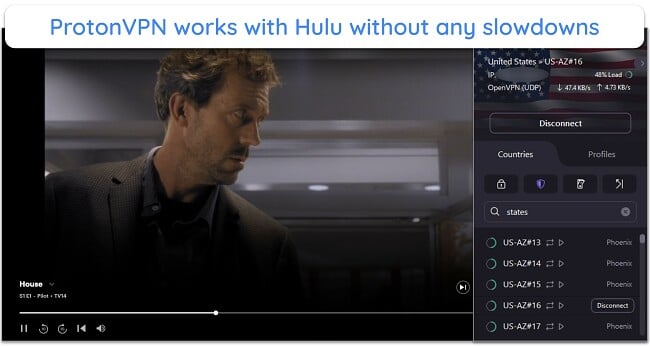 Screenshot showing Hulu streaming while connected to Proton VPN